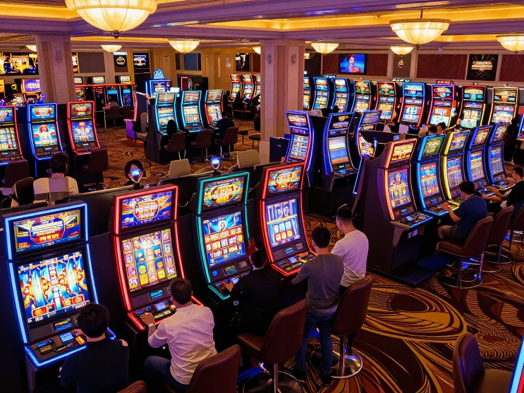 Para pemain merayakan kemenangan di mesin slot aneka4d yang berwarna-warni dalam suasana kasino yang hidup