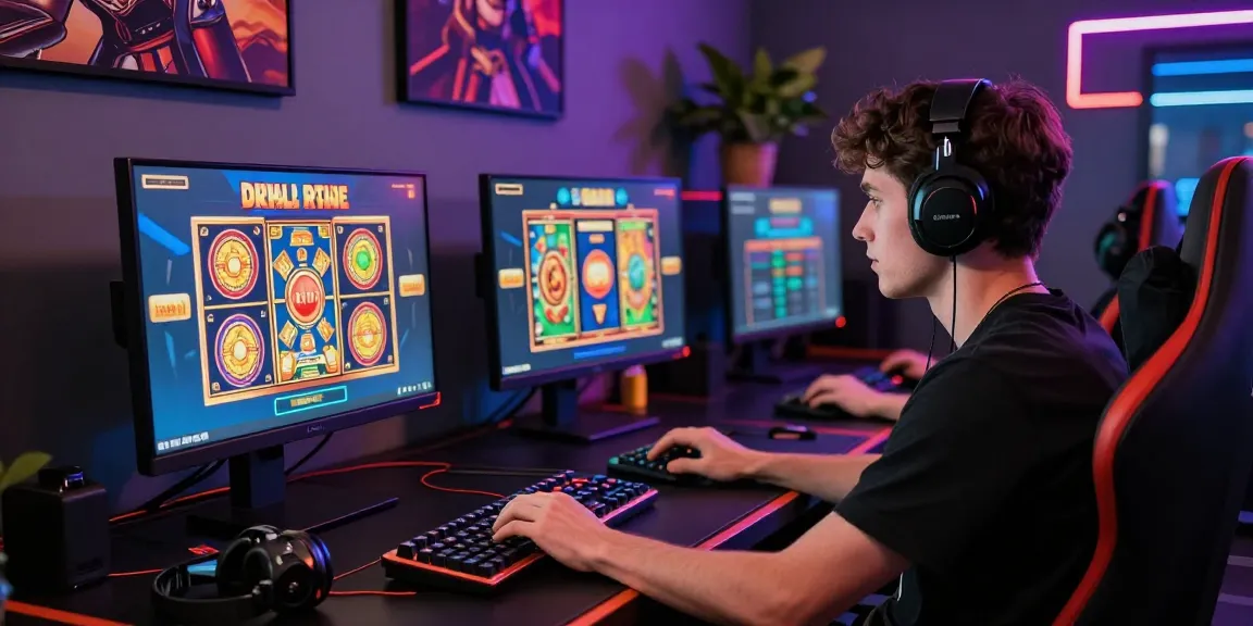 situs depo 5k online gambling scene with vibrant slot games and modern gaming setup