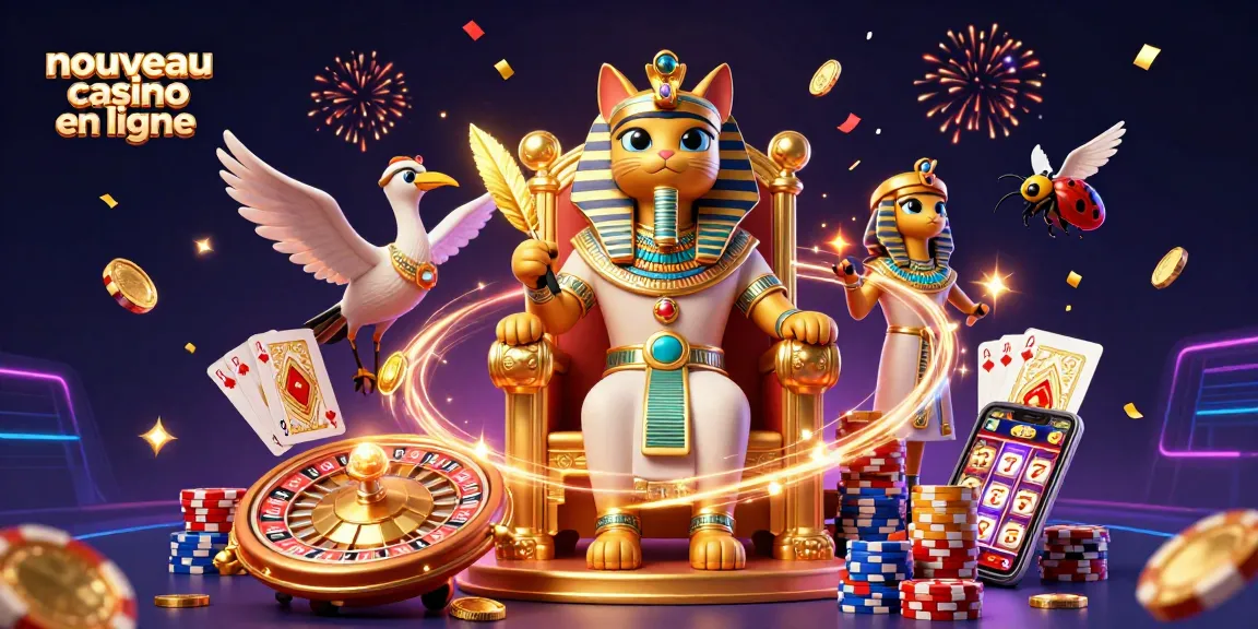 Découvrez les nouveaux casinos en ligne avec cette illustration animée d'un pharaon félin doré entouré de jeux de casino.