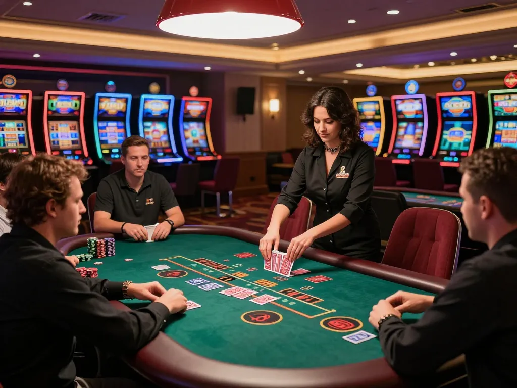 Jun88 players strategizing at an engaging blackjack table in a stylish casino.
