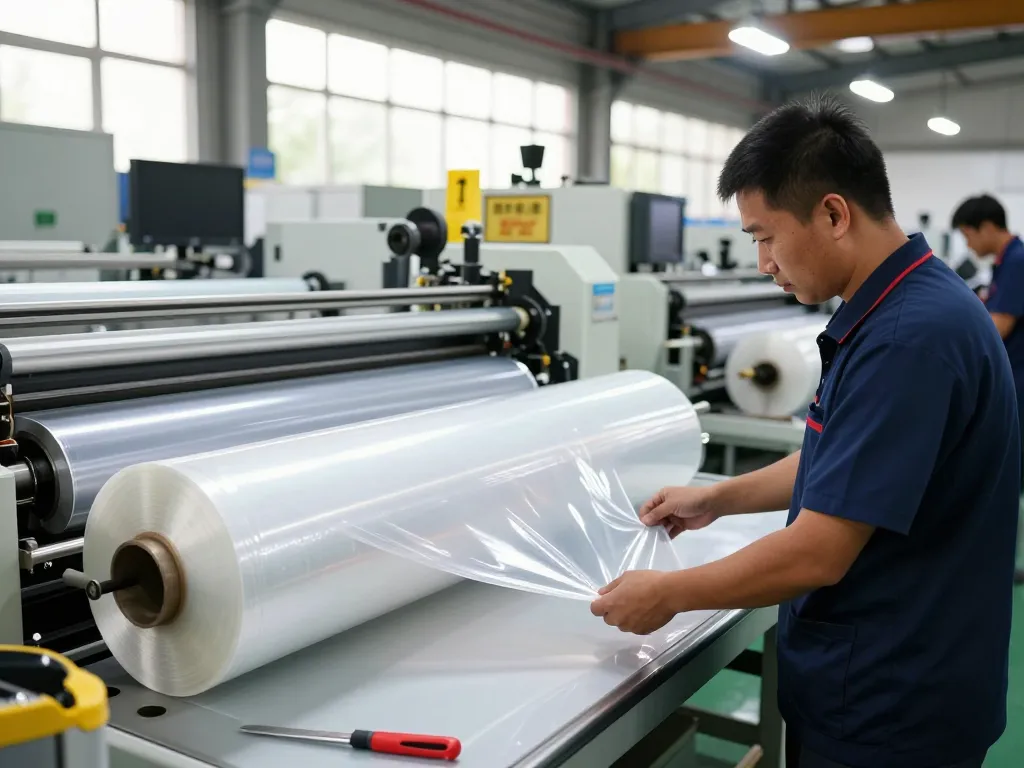 Bóc lớp ép plastic hà nội process in a modern manufacturing setting with a technician skillfully peeling plastic layers.