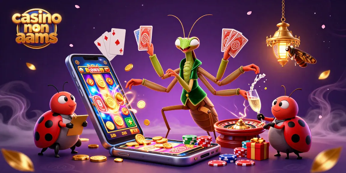 Gioca nei casinò non AAMS con un mantide e una coccinella in un'illustrazione vivace.