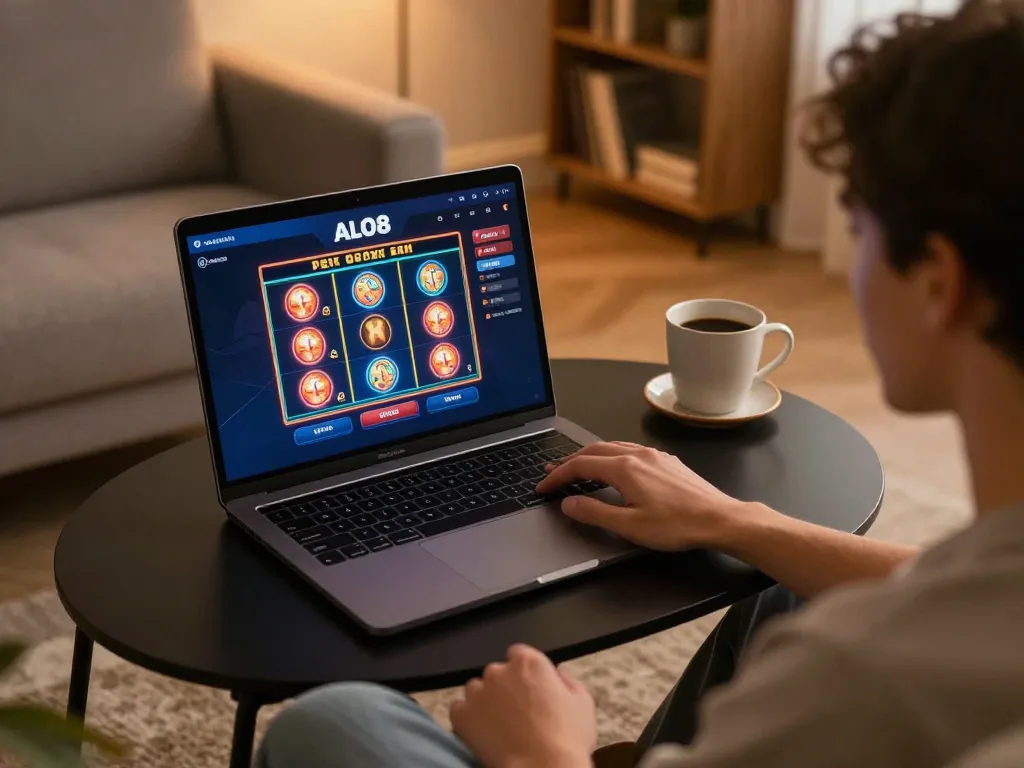 Person engaging with ALO8 online casino slot game on a sleek laptop in a cozy home setting.