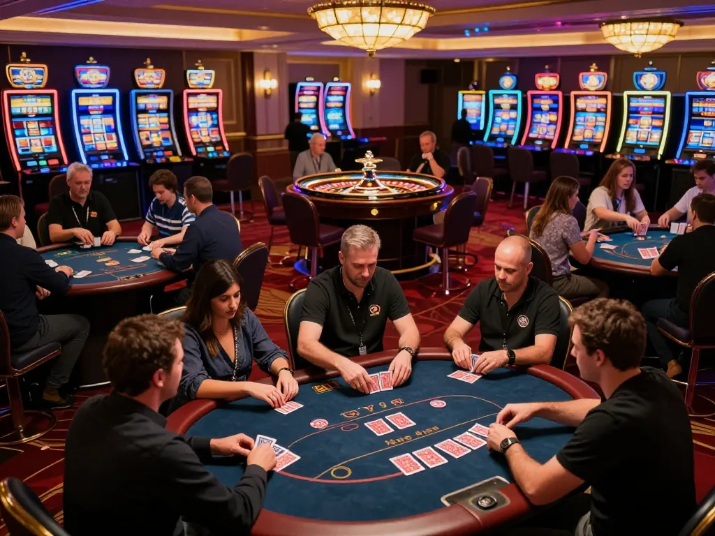 Experience the thrill of gaming at the Trang Chủ FB88 casino with players engaged at poker tables.