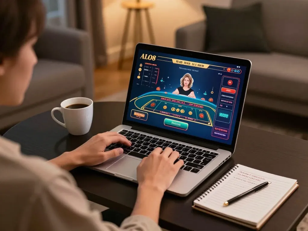 Engaging ALO8 gaming session with player enjoying live casino on laptop, strategic and focused atmosphere.
