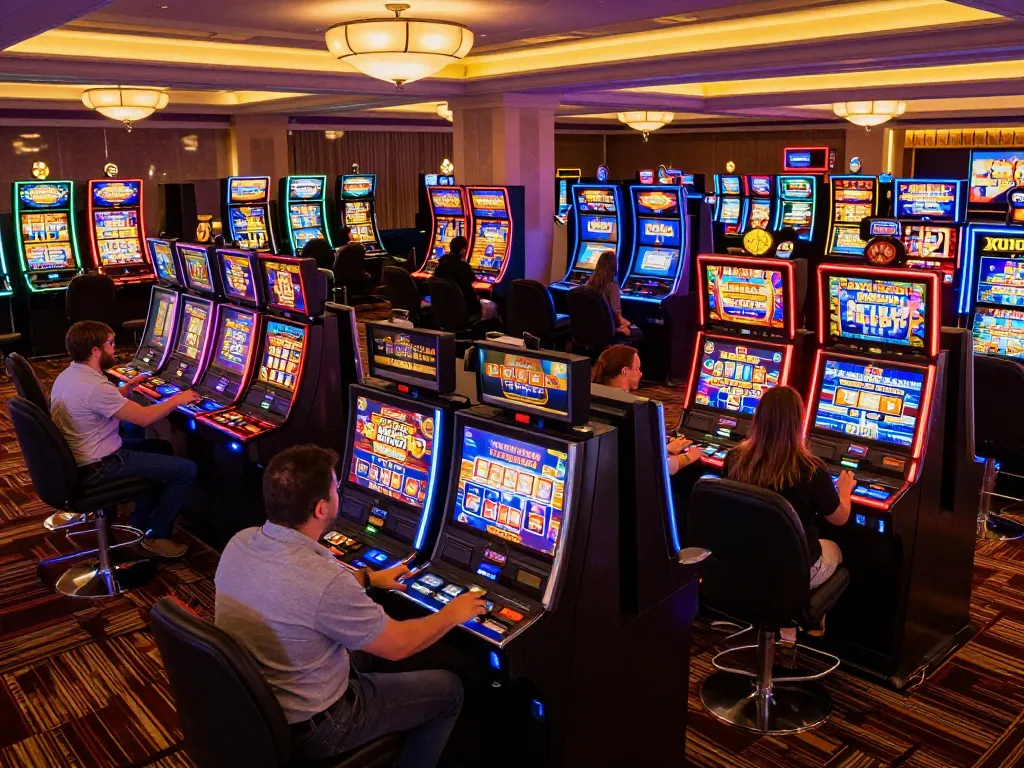 Players celebrating wins on slots not on gamstop in vibrant casino environment, showcasing excitement and diversity