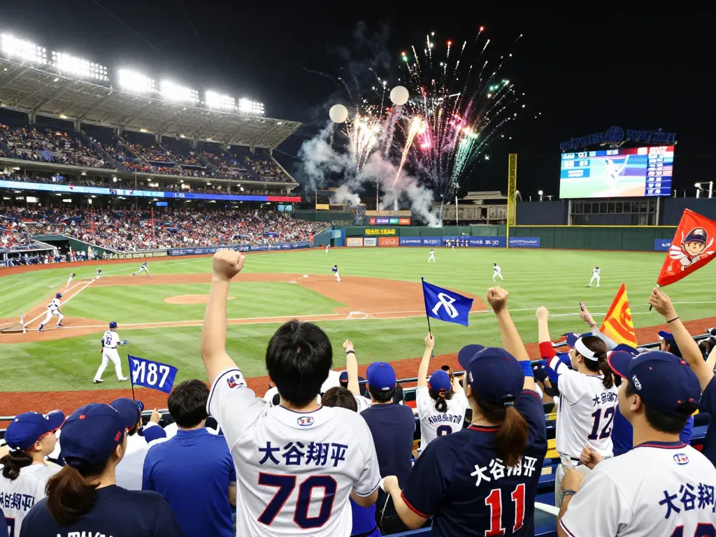 活気あふれる野球場で大谷翔平 応援を熱心に応援するファンたち、その試合のエネルギーを捉えています。
