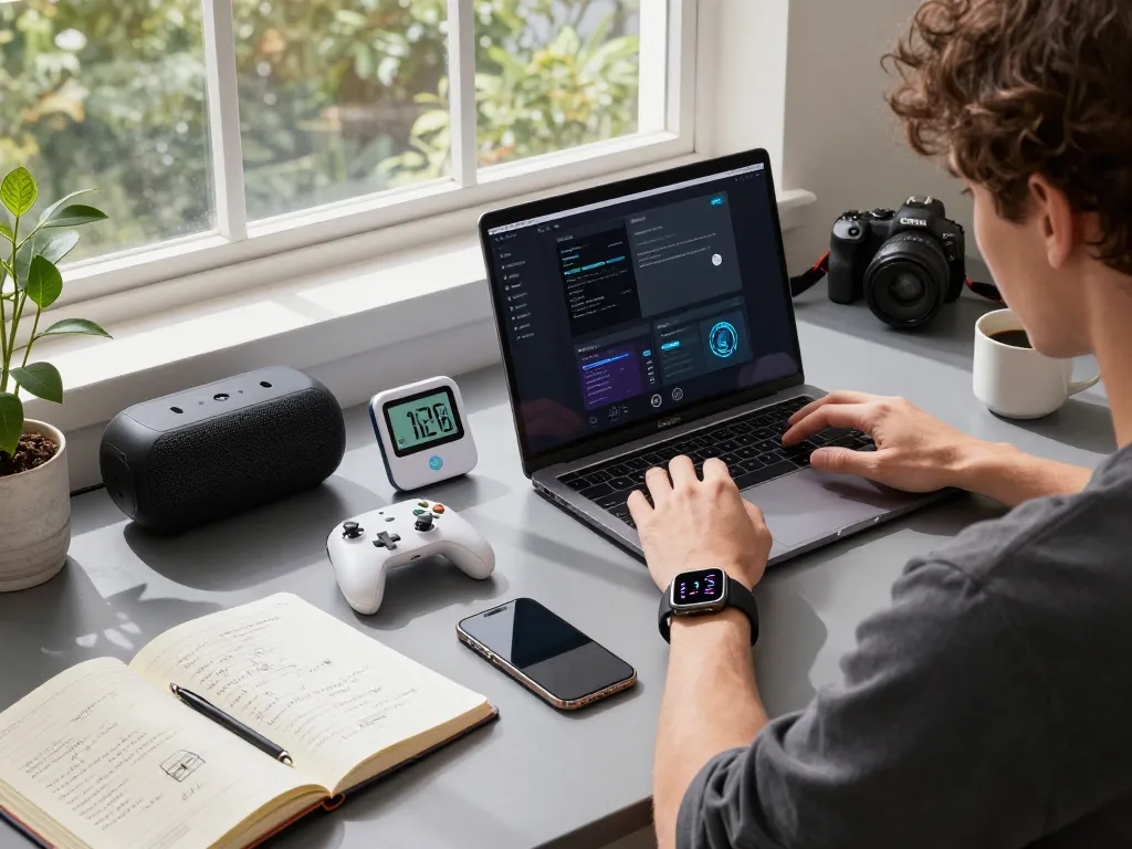 Discover cool tech gadgets under $126 in a modern workspace with Bluetooth devices and innovative tools in action.