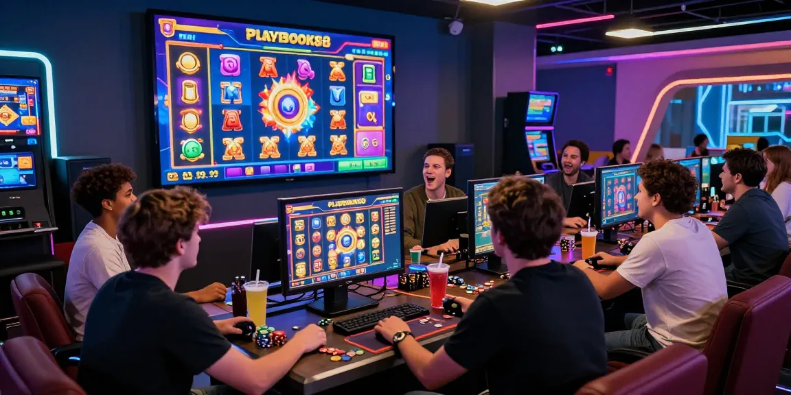 Players enjoying Playbook88's thrilling online slot games in a vibrant lounge.