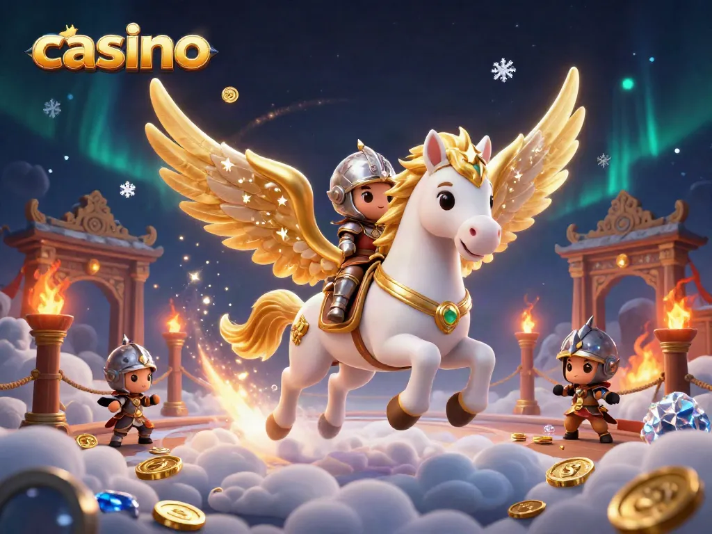 Experience the thrill of casino gaming with our vibrant 3D illustration featuring a celestial horse and knight.
