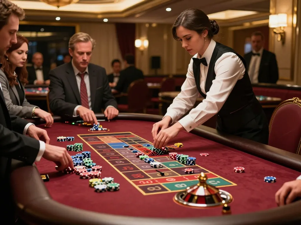 Players engaging in roulette at a luxury casino, with strategic bets embracing the excitement of slot gacor 777 gaming.