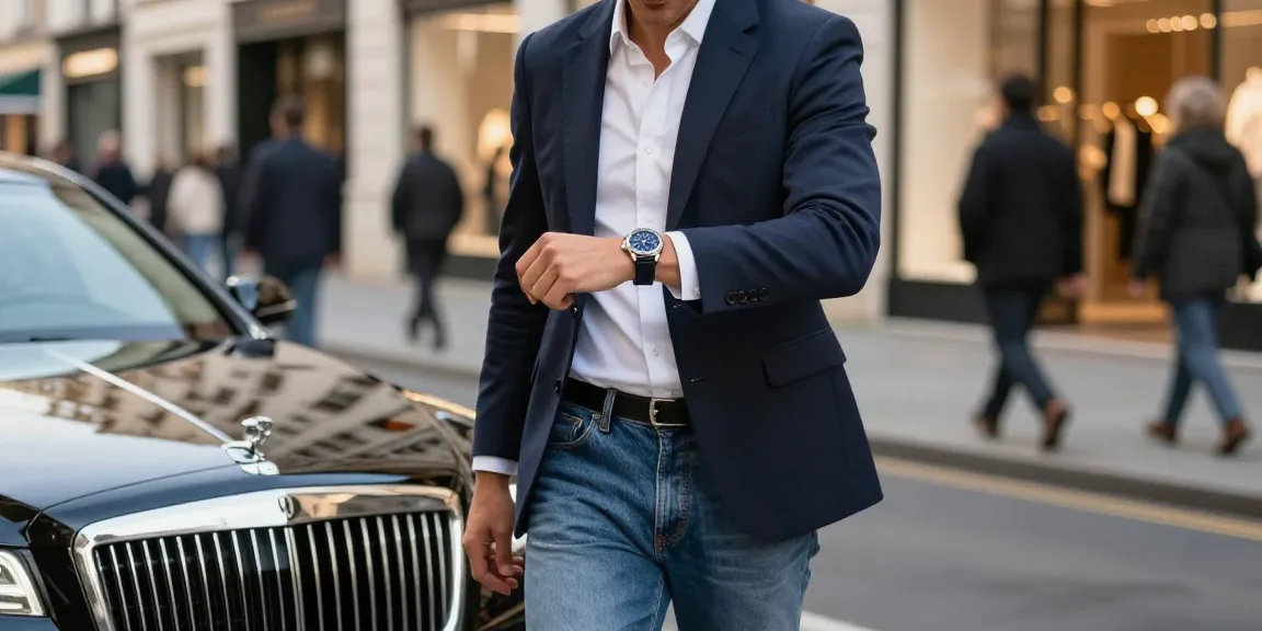 Stylish individual checking time on their replica watch in a bustling city street, showcasing elegance and luxury.