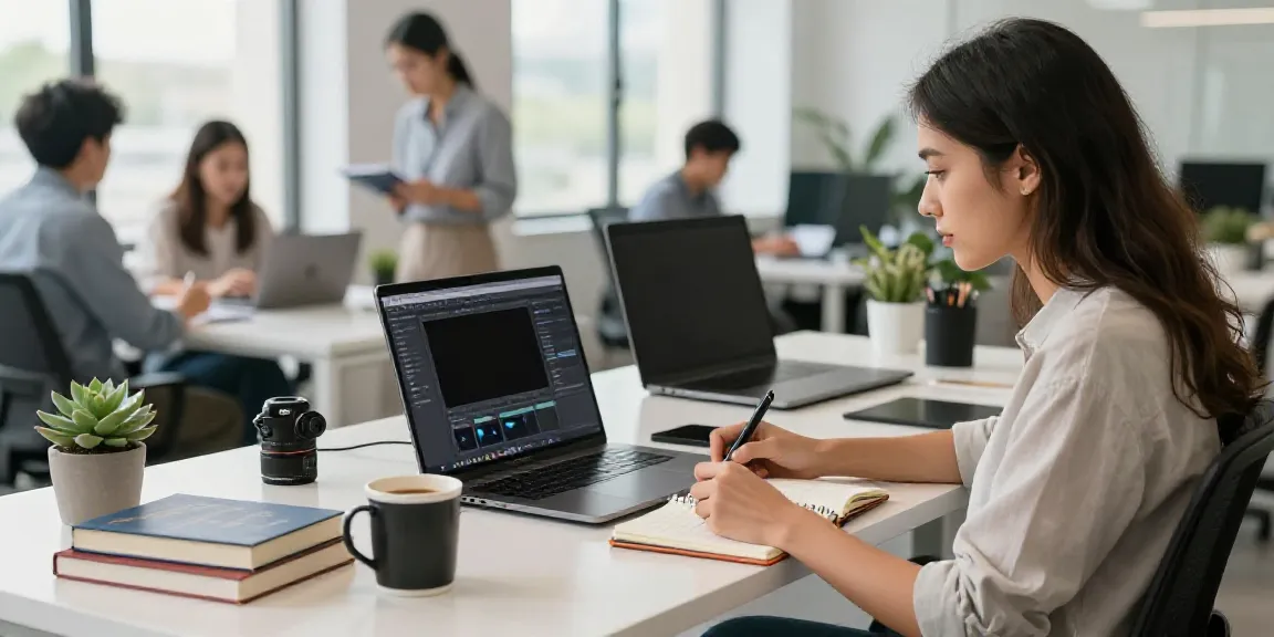 AI copywriter composing engaging content in a vibrant office setting