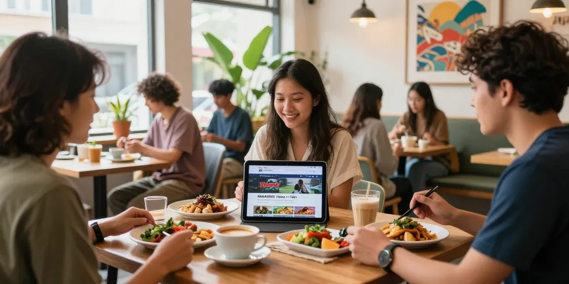 Diverse friends enjoying Asian cuisine while exploring https://hanadultalk.com. Cozy café scene with vibrant dishes and warm lighting.