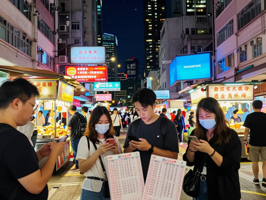 People checking HK Malam Ini lottery results in a vibrant street scene.