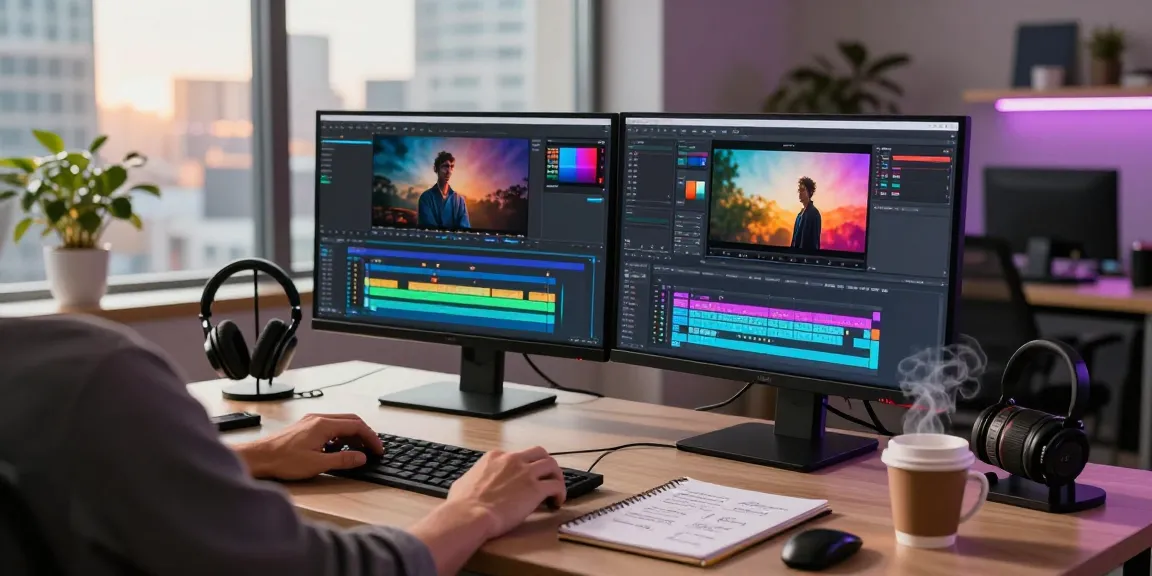 Dramatic video editing studio with an editor generating AI video prompts and working on dual monitors.