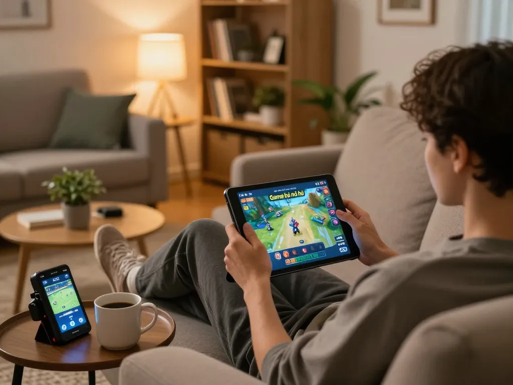Engaging in Game bài nổ hũ on a tablet in a cozy home setup, blending strategic gameplay with a relaxed atmosphere.