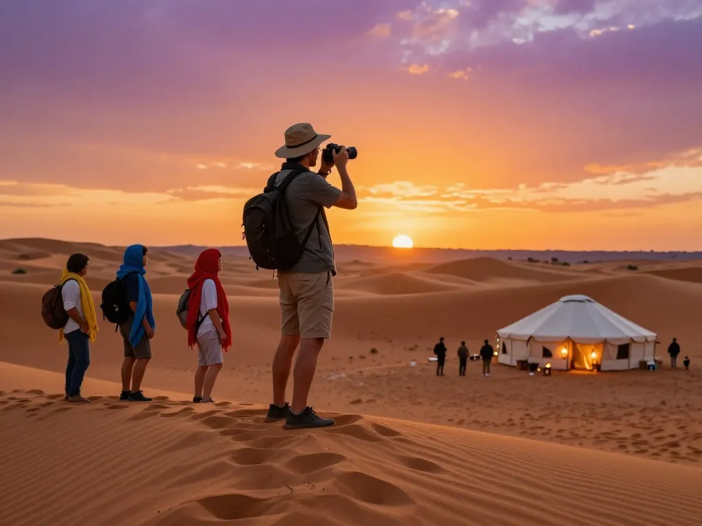 Experience Morocco travel agency adventures in the Sahara Desert with sunset views, group travelers and cultural immersion.