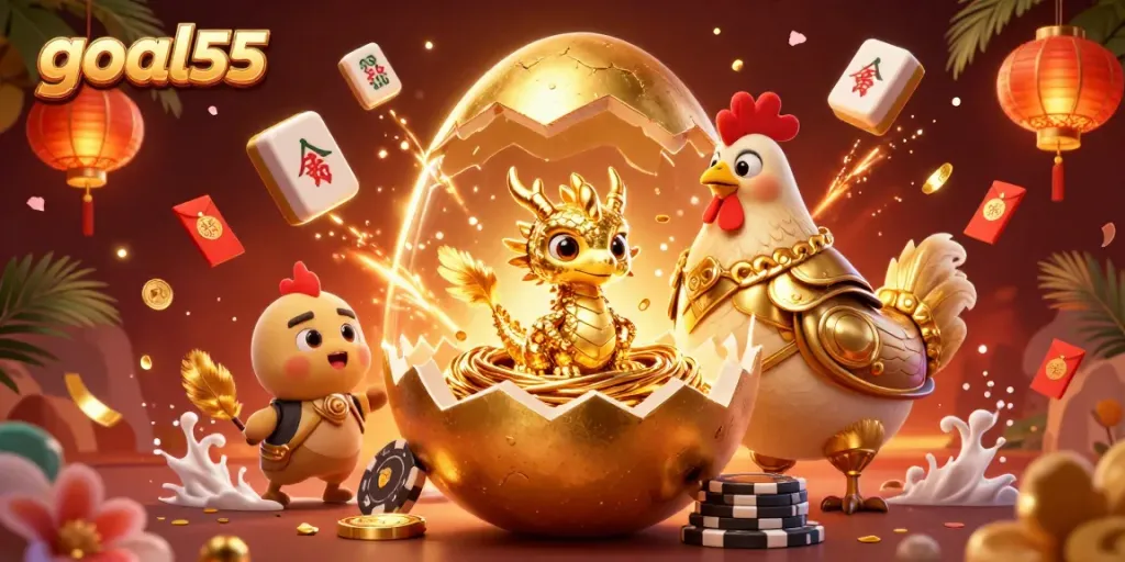 Menggali peluang menang di goal55 dengan ilustrasi naga emas dan chip poker bertaburan.