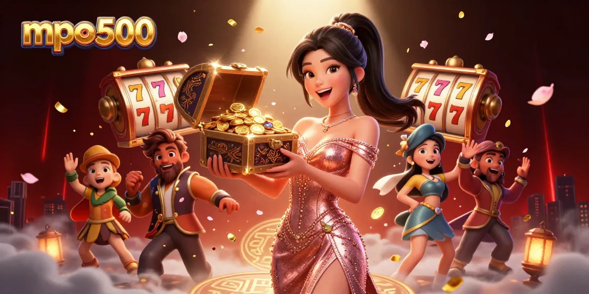 Play slots and win big with mpo500 in this vibrant casino-themed illustration.