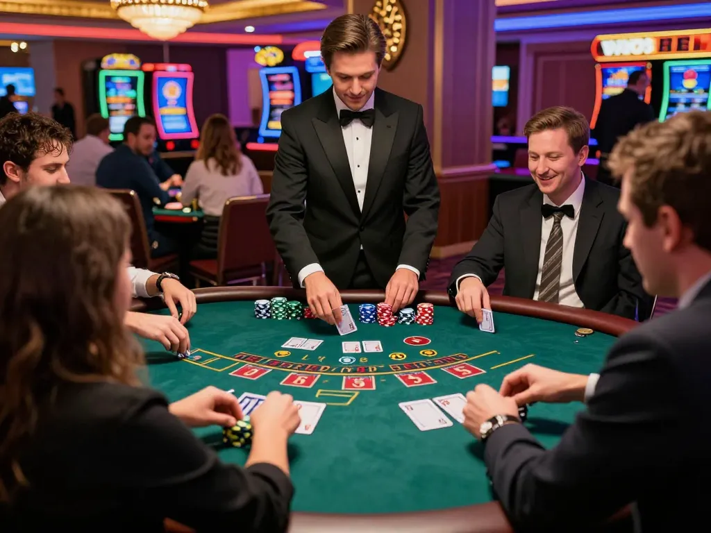 Players enjoying a competitive blackjack game at vaobet casino with dynamic gameplay and vibrant atmosphere.