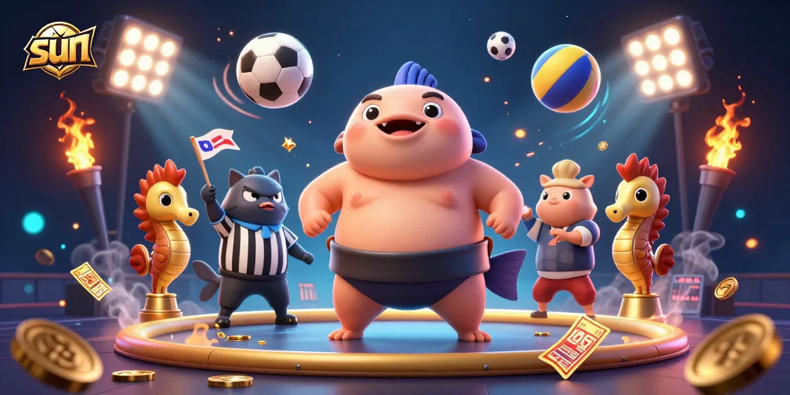 Experience the thrilling sun-based gaming scene with a dynamic underwater fugu tournament featuring sports elements and a vibrant atmosphere.