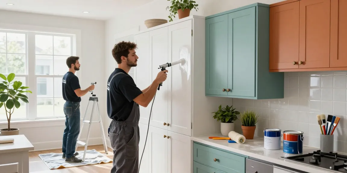 Expert cabinet painters in Nashville applying vibrant paint to modern cabinetry.