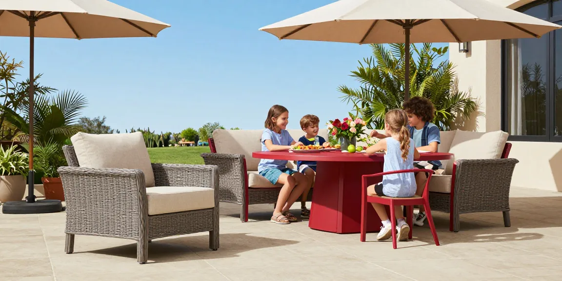 Durable outdoor furniture showcased in a lively outdoor patio scene with families enjoying meals.