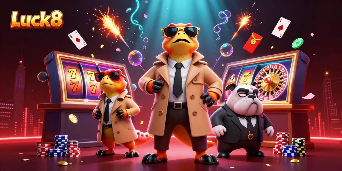 Engage with Luck8 at a vibrant casino scene featuring playful raptors and festive elements.