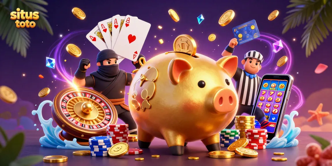 Engage with situs toto excitement featuring a golden piggy bank wrestler surrounded by dynamic casino elements.