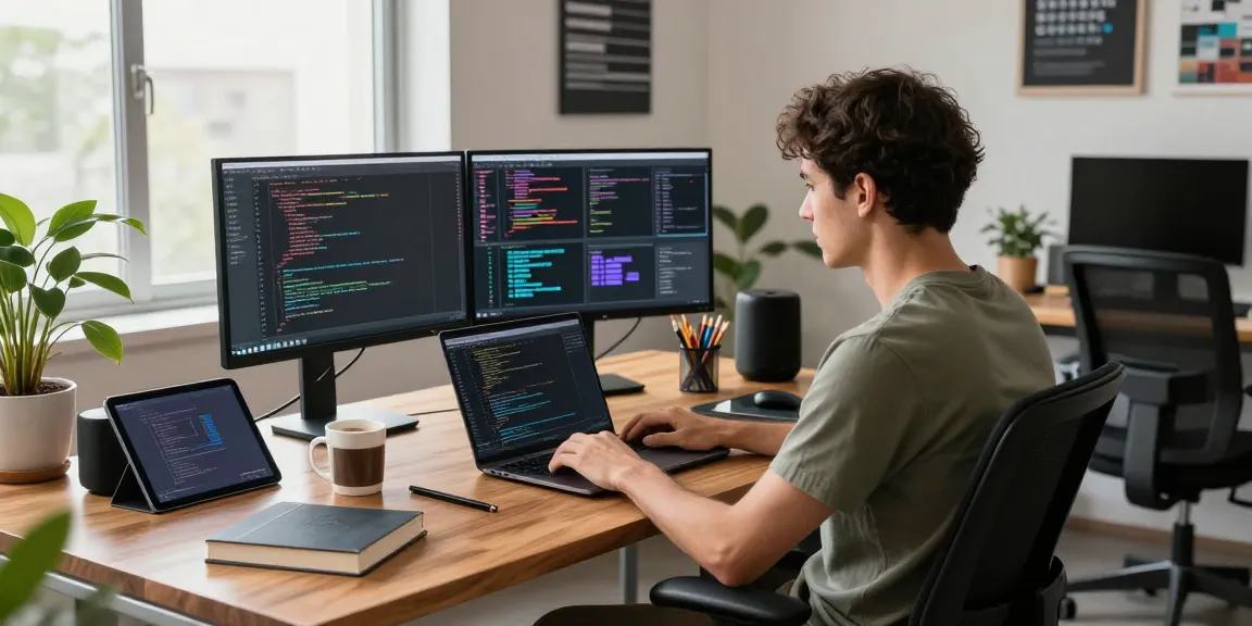 Engaged software engineer coding at dual monitors in modern workspace, related to telegraimin.com.