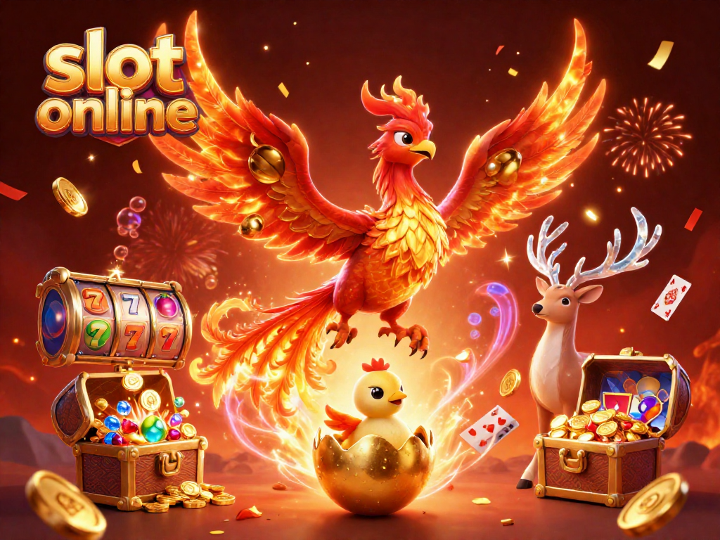 Experience the thrill of slot online gaming with colorful phoenixes and casino elements.