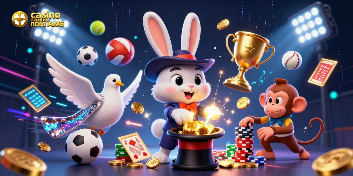 Interagisci con i casinò online non AAMS osservando un coniglio magico, una colomba glamour e una scimmietta birichina in un'atmosfera da casinò vivace.