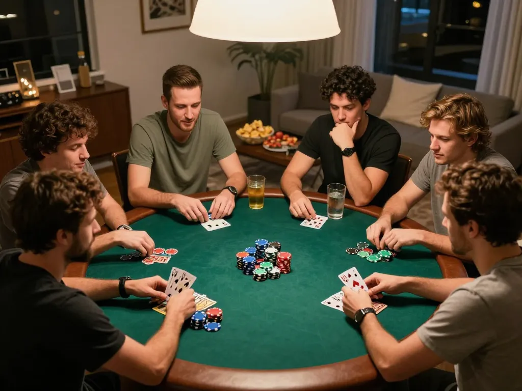 Players engaging in a thrilling poker night at home, showcasing strategic gameplay and camaraderie, connected to keonhacaii88.
