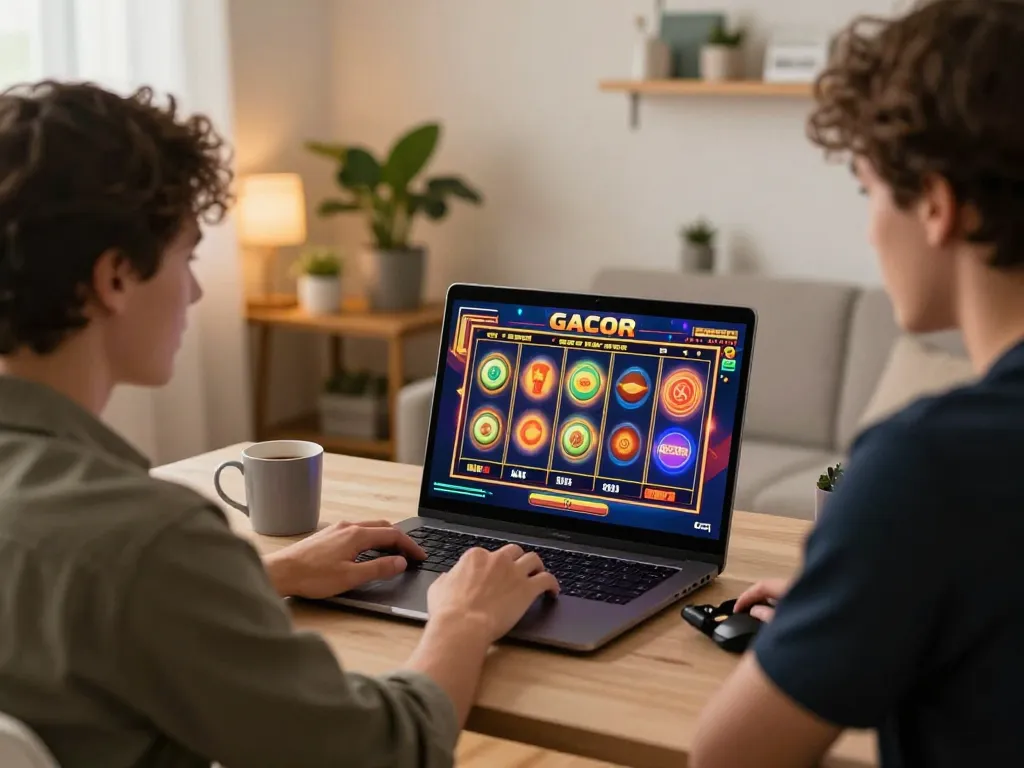 Enjoying slot gacor hari ini at home, a gamer engages with online casino action on their laptop.