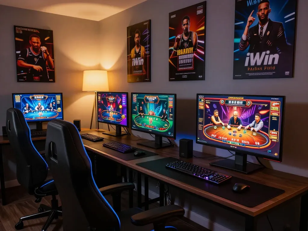 iWin players engaging in dynamic online casino gameplay with multiple screens