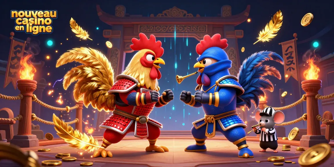 Participez à l'action palpitante d'un nouveau casino en ligne avec des personnages de coq dynamiques dans un affrontement épique.