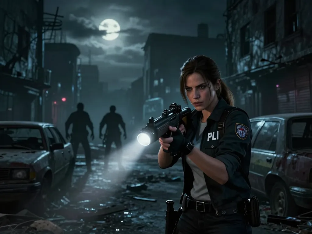Resident Evil Requiem gameplay scene with FBI agent Grace Ashcroft exploring a haunting Raccoon City filled with dangers.