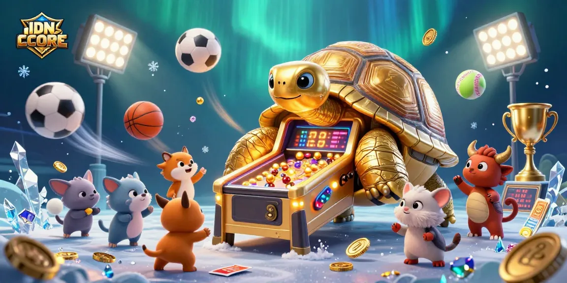 Engage with exciting games at IDNSCORE featuring a playful golden tortoise and energetic animals.