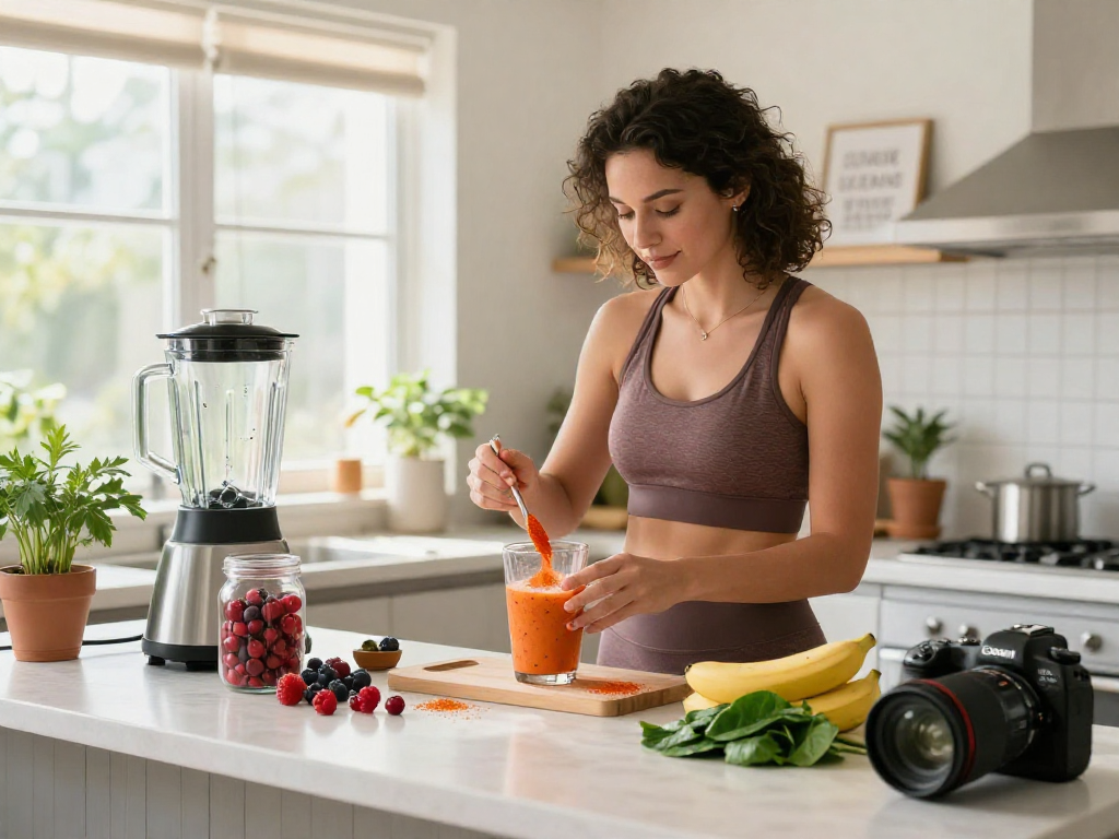 Healthy kitchen scene highlighting astaxanthin supplement Canada in smoothie preparation.