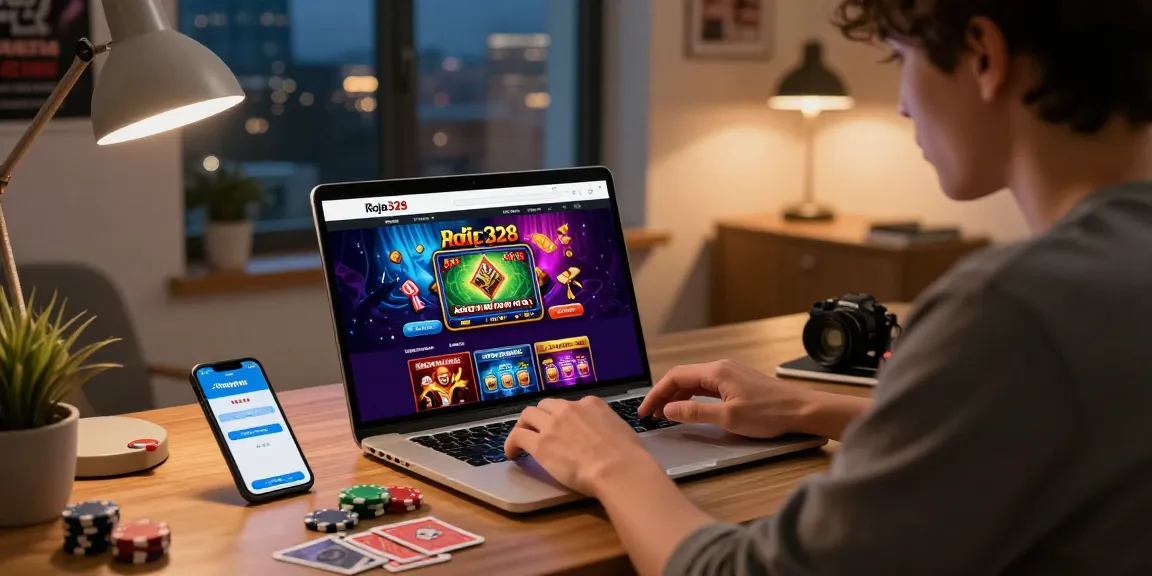 Engaging with https://raja328masuk.com/ in a cozy home office setting, showcasing vibrant gaming graphics and accessories.