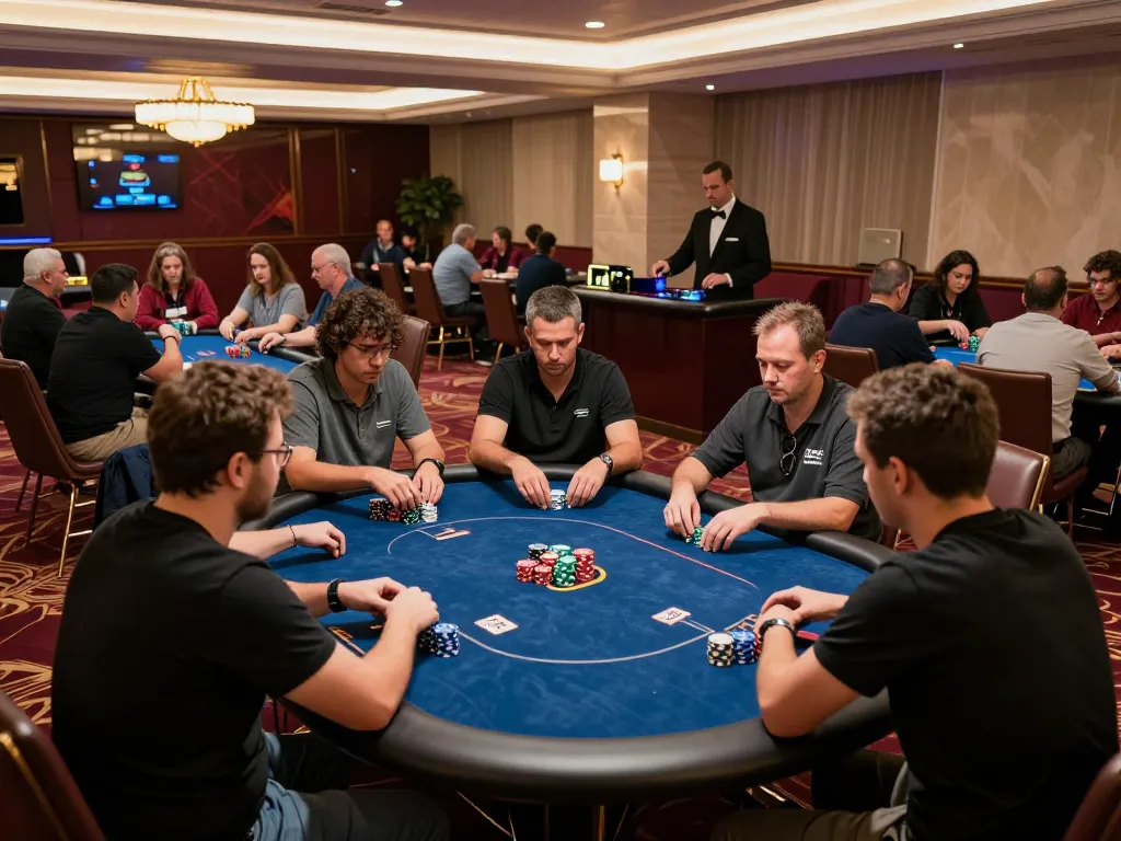 Engaging poker scene featuring players at fabet tables intensively strategizing their bets.