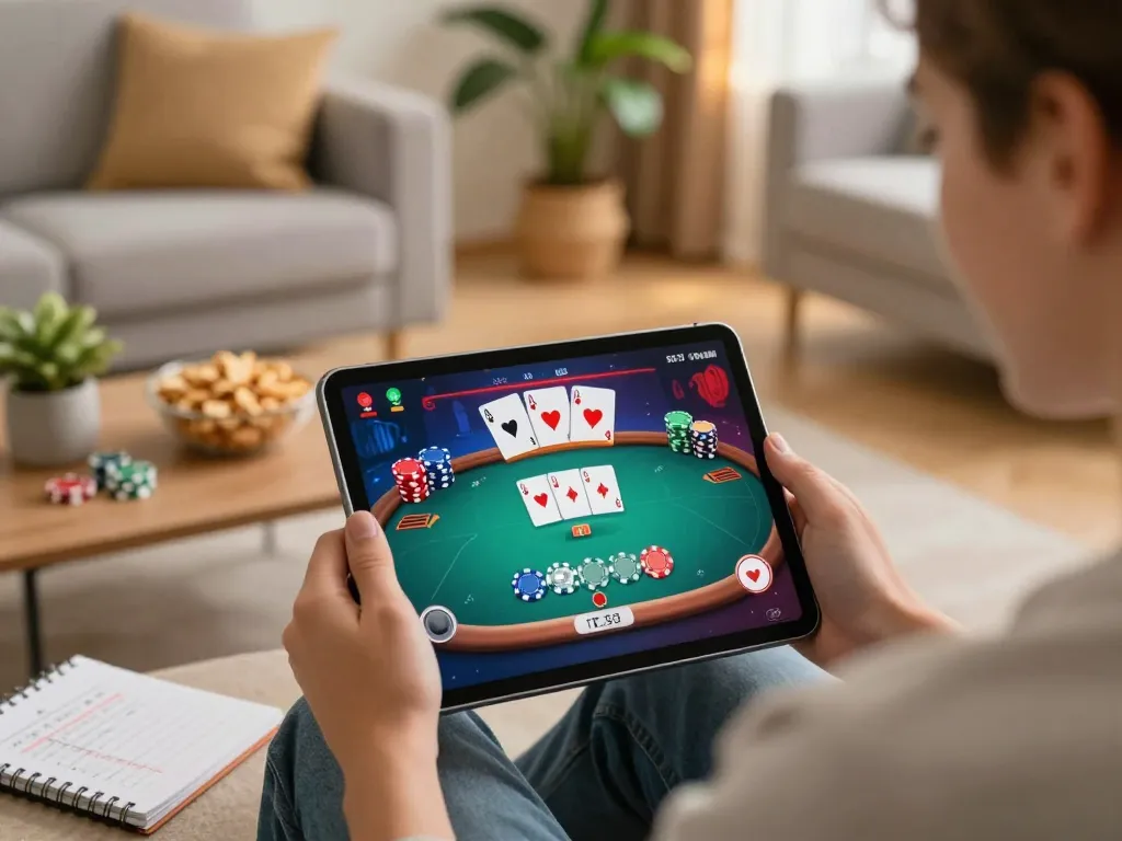Person enjoying online poker gaming experience on their tablet, enhancing alo8 entertainment with strategic gameplay.