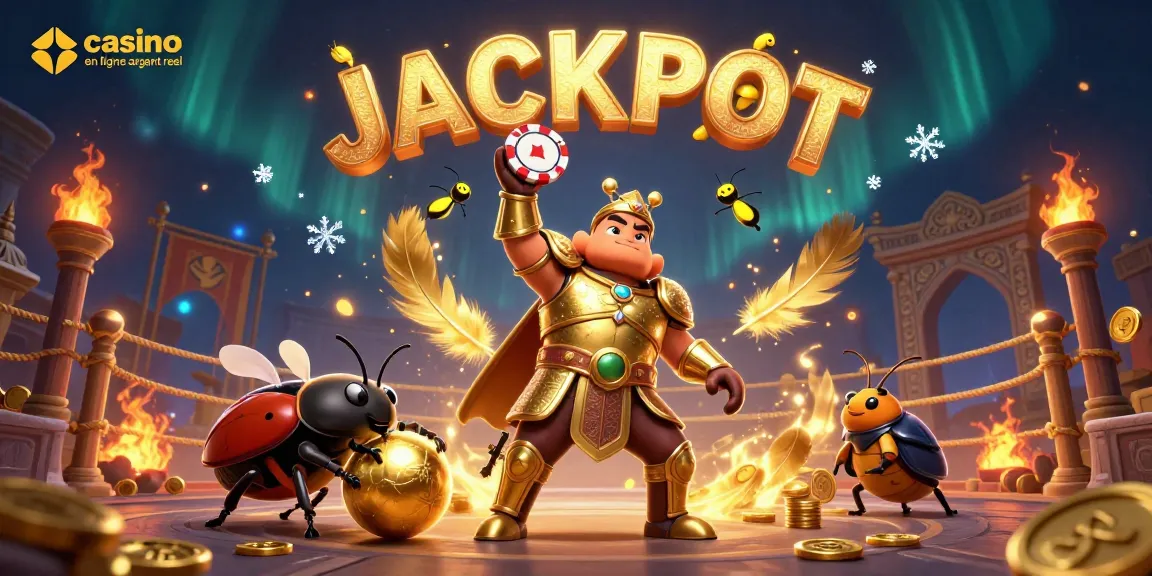 Illustration dynamique d'un casino en ligne argent réel avec des personnages cartoon et des effets lumineux captivants.