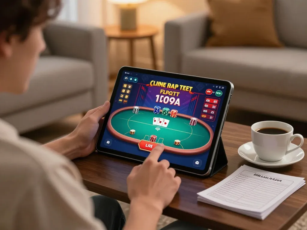 Player enjoying online gambling at home with 98 win poker game on tablet, creating a cozy gaming atmosphere.