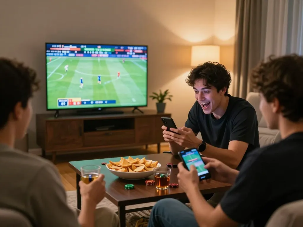 Person actively placing bets on alo8 during a thrilling sports event at home with friends.