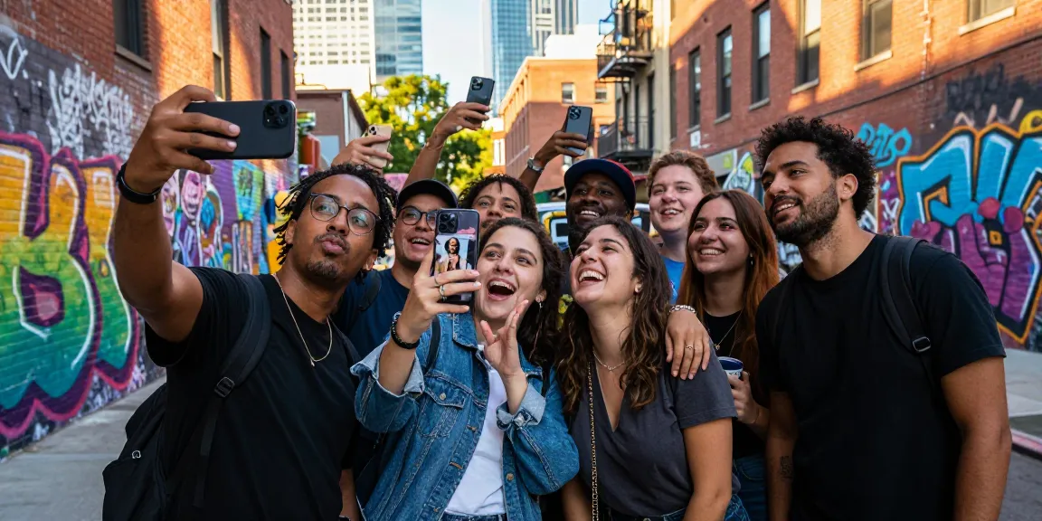 A lively urban scene where friends are discovering who looks like a celebrity by taking selfies, showcasing the fun and excitement of finding celebrity look-alikes.