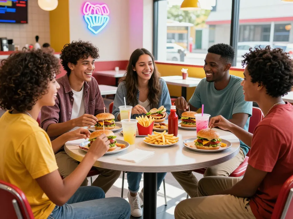 Friends enjoying a lively fast food menu meal at a vibrant restaurant.