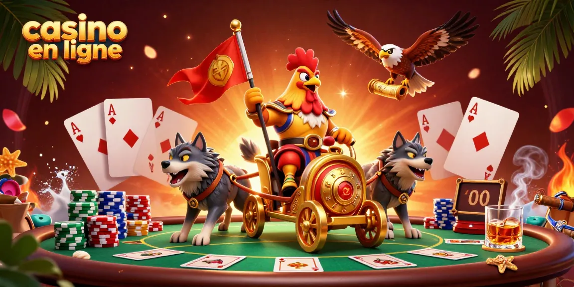 Jeu de casino en ligne captivant avec un coq guerrier et des éléments de poker colorés.