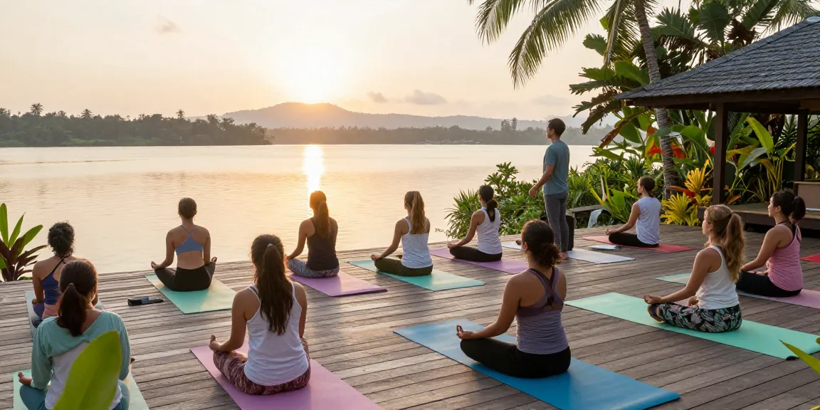 Yoga teacher training Sri Lanka with diverse students practicing sunrise meditation by Koggala Lake, serene atmosphere.